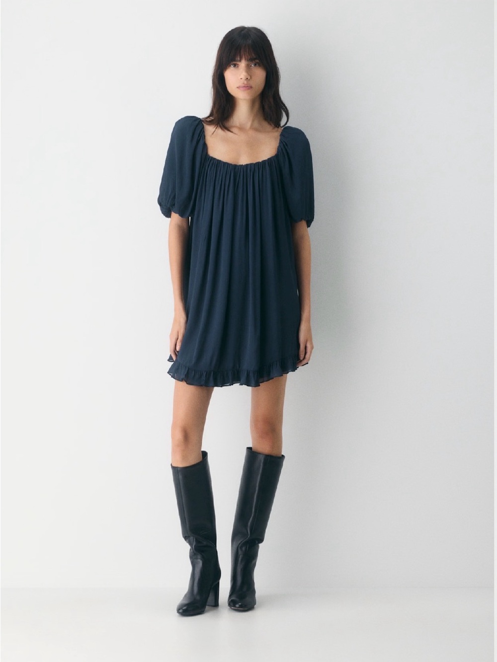 Aritzia Navy Puff-Sleeve Square-Neck Mini Dress
